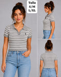 BLUSA GRIS CON RAYAS BLANCAS TIPO POLO DE MUJER