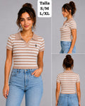 BLUSA NEGRA CON RAYAS BLANCAS TIPO POLO DE MUJER