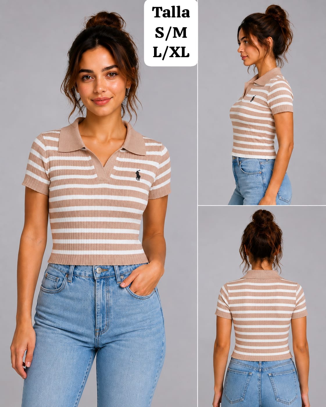 BLUSA NEGRA CON RAYAS BLANCAS TIPO POLO DE MUJER