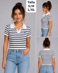 BLUSA BLANCA CON RAYAS AZULES TIPO POLO DE MUJER