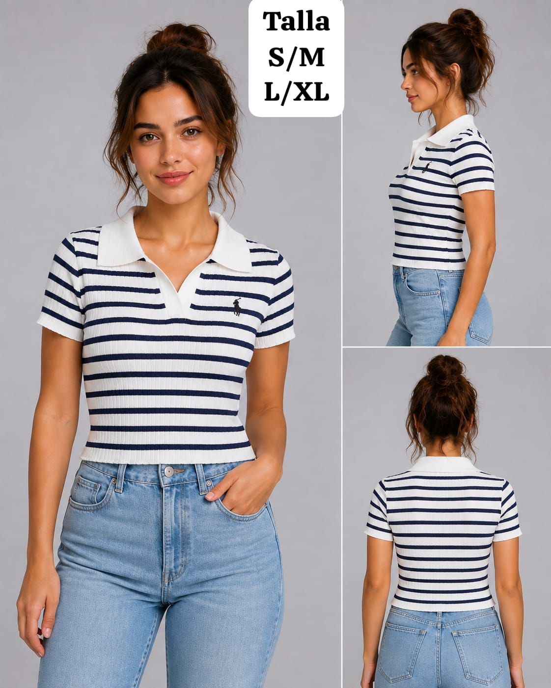 BLUSA BLANCA CON RAYAS AZULES TIPO POLO DE MUJER