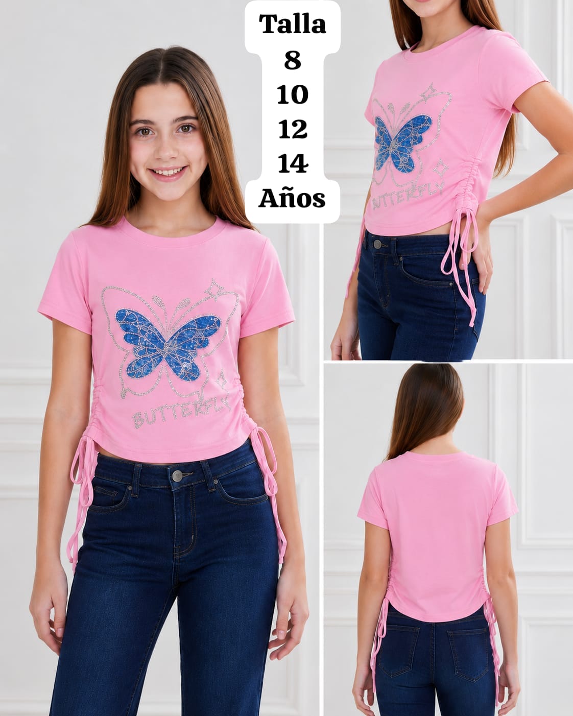 CAMISA ROSA CON MARIPOSA AZUL DE NIÑA