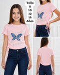 CAMISA ROSA PALIDO CON MARIPOSA AZUL DE NIÑA