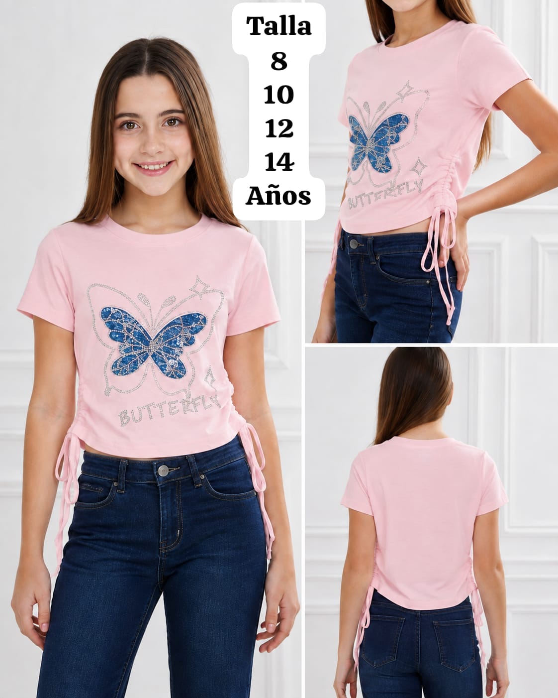 CAMISA ROSA PALIDO CON MARIPOSA AZUL DE NIÑA