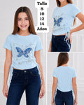 CAMISA CELESTE CON MARIPOSA AZUL DE NIÑA