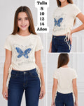 CAMISA CREMA CON MARIPOSA AZUL DE NIÑA