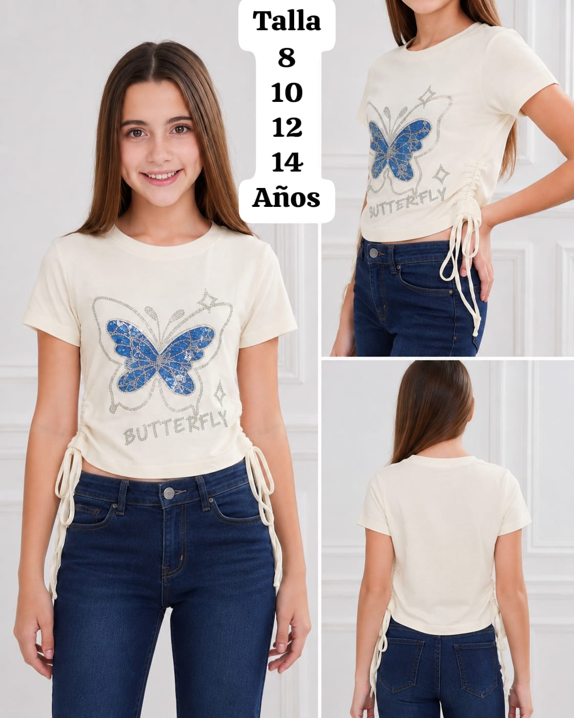 CAMISA CREMA CON MARIPOSA AZUL DE NIÑA