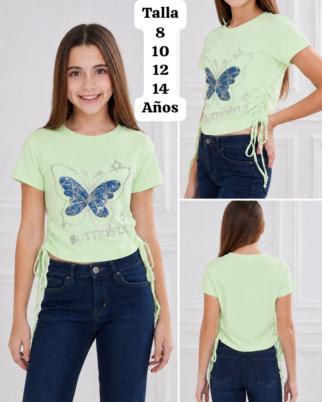 CAMISA VERDE CON MARIPOSA AZUL DE NIÑA