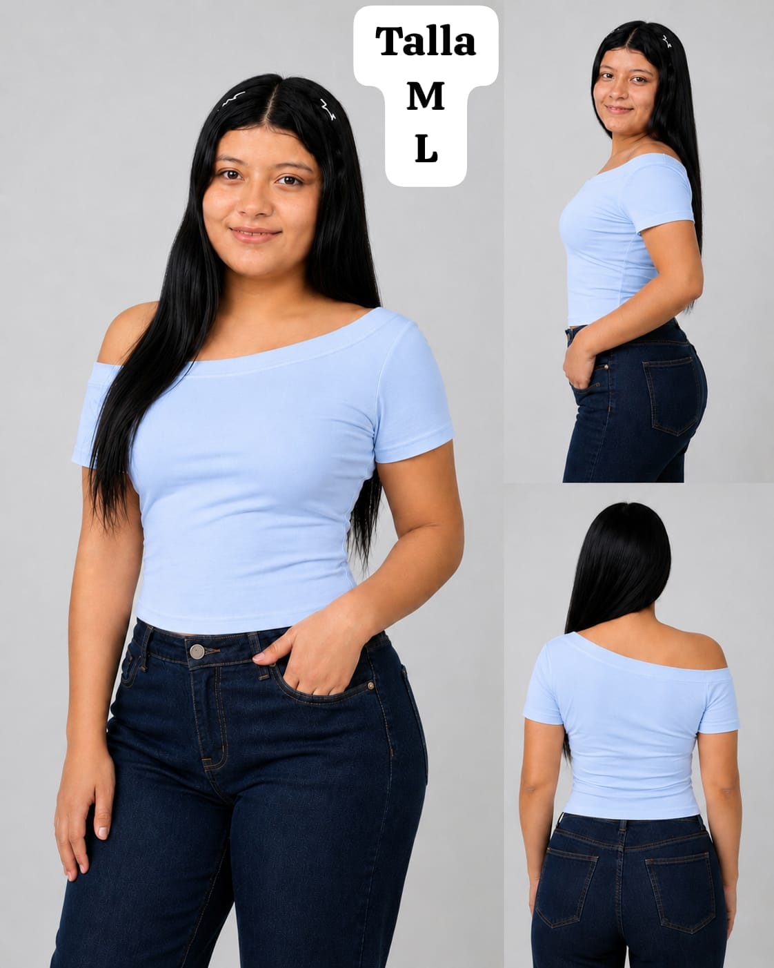 BLUSA CELESTE CON MANGA CAIDA DE MUJER