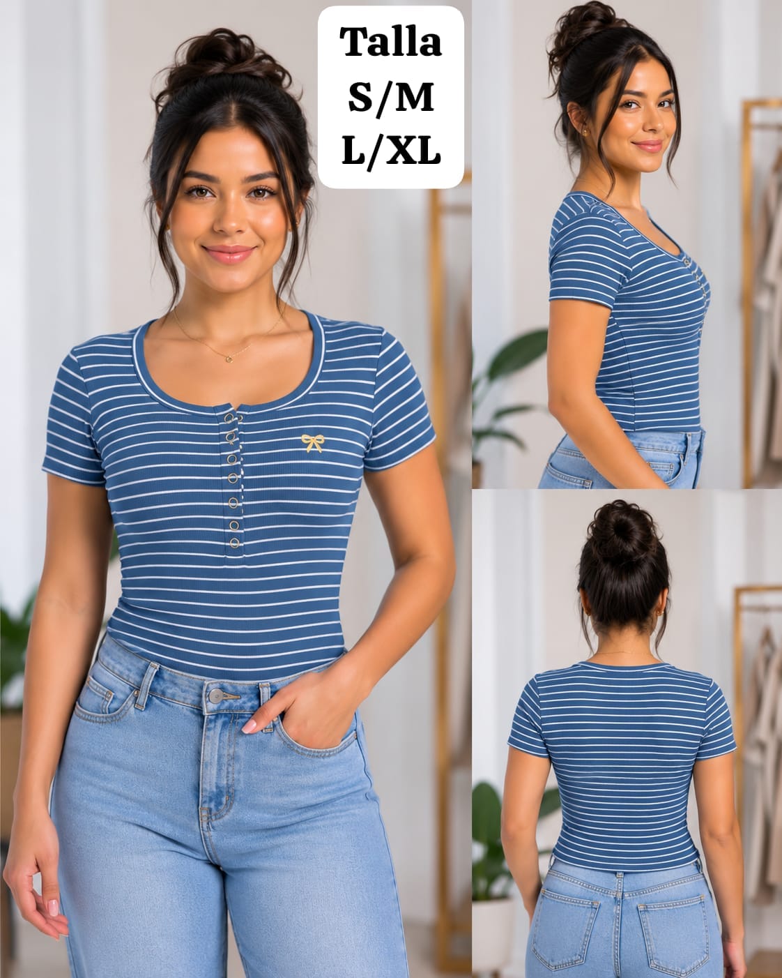BLUSA CELESTE OSCURO RAYADA DE MUJER
