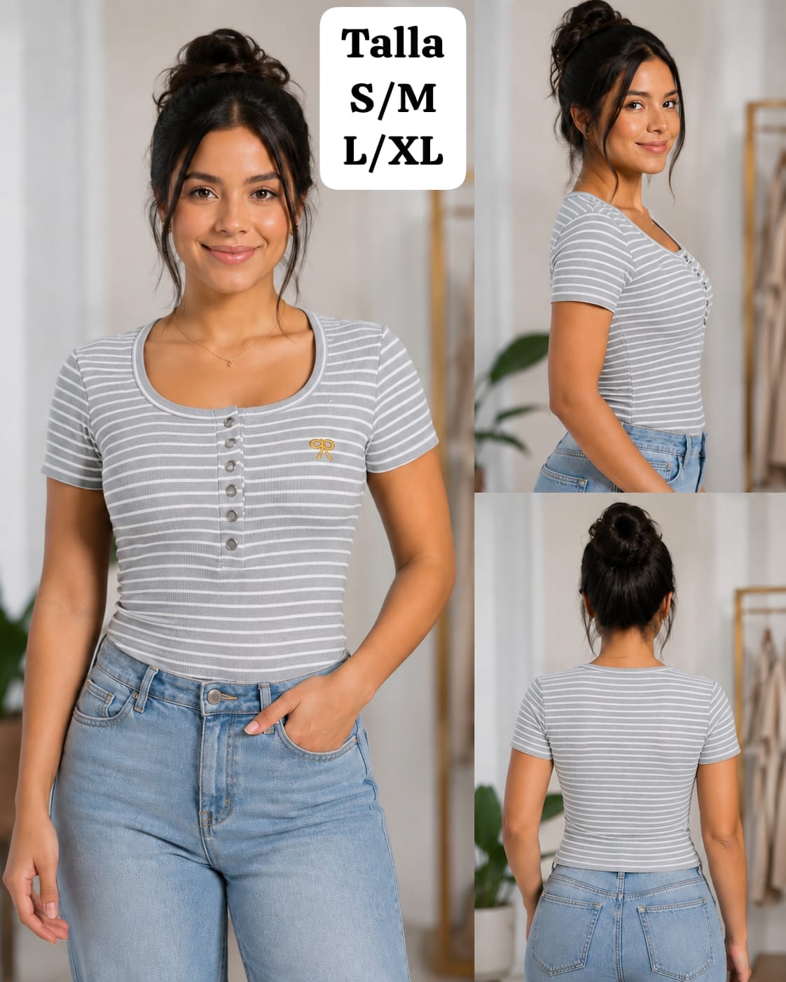 BLUSA GRIS RAYADA DE MUJER