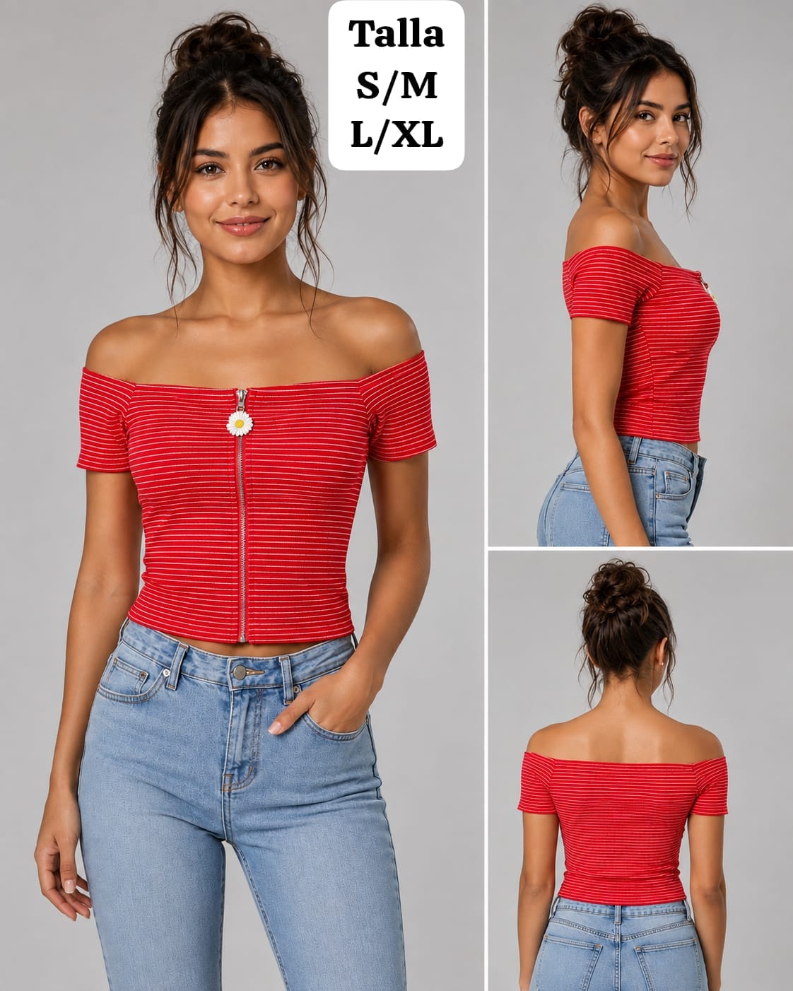 BLUSA ROJA RAYADA CON ZIPER Y FLOR DE MUJER