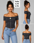 BLUSA NEGRA RAYADA CON ZIPER Y FLOR DE MUJER