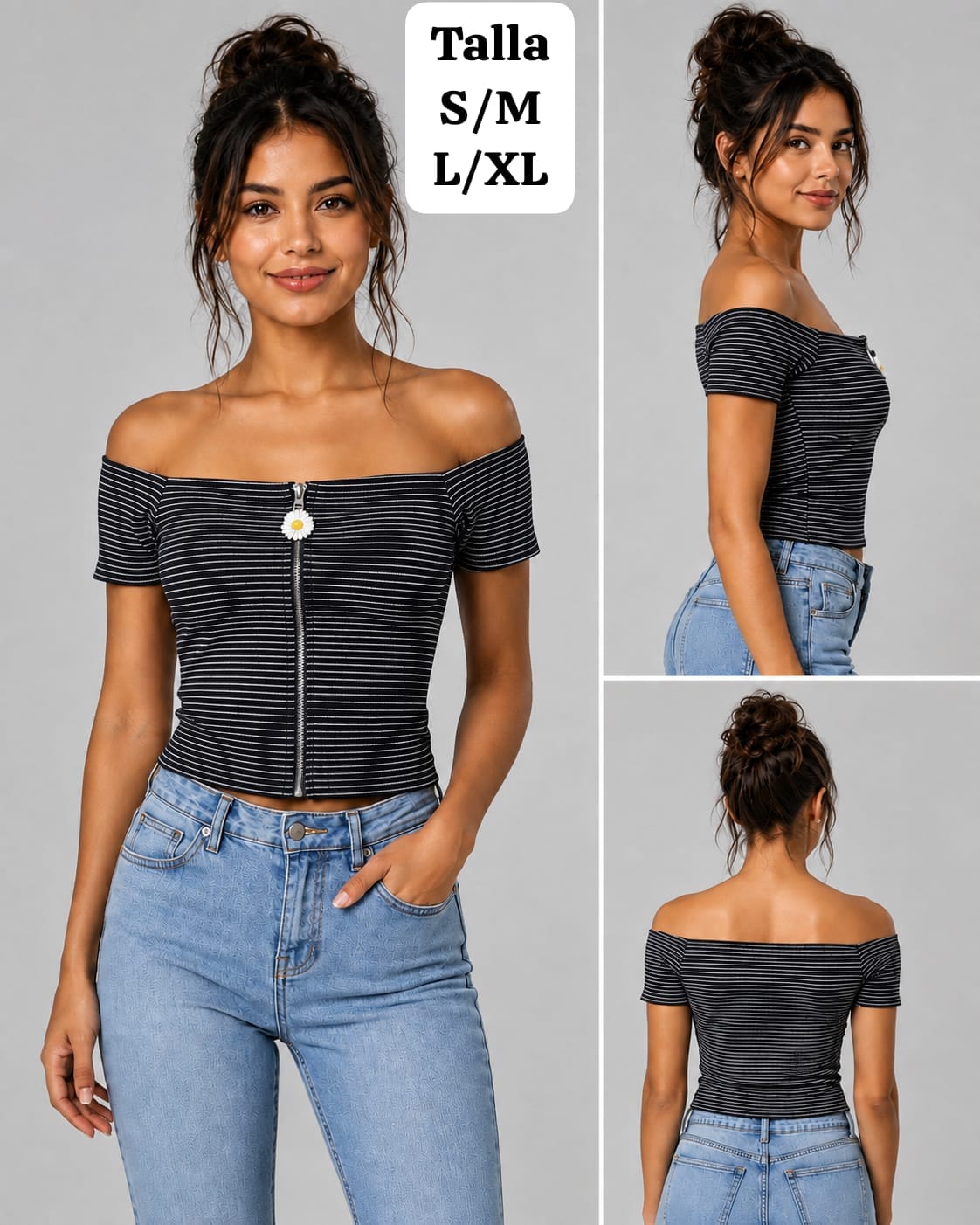 BLUSA NEGRA RAYADA CON ZIPER Y FLOR DE MUJER