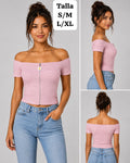 BLUSA ROSA RAYADA CON ZIPER Y FLOR DE MUJER