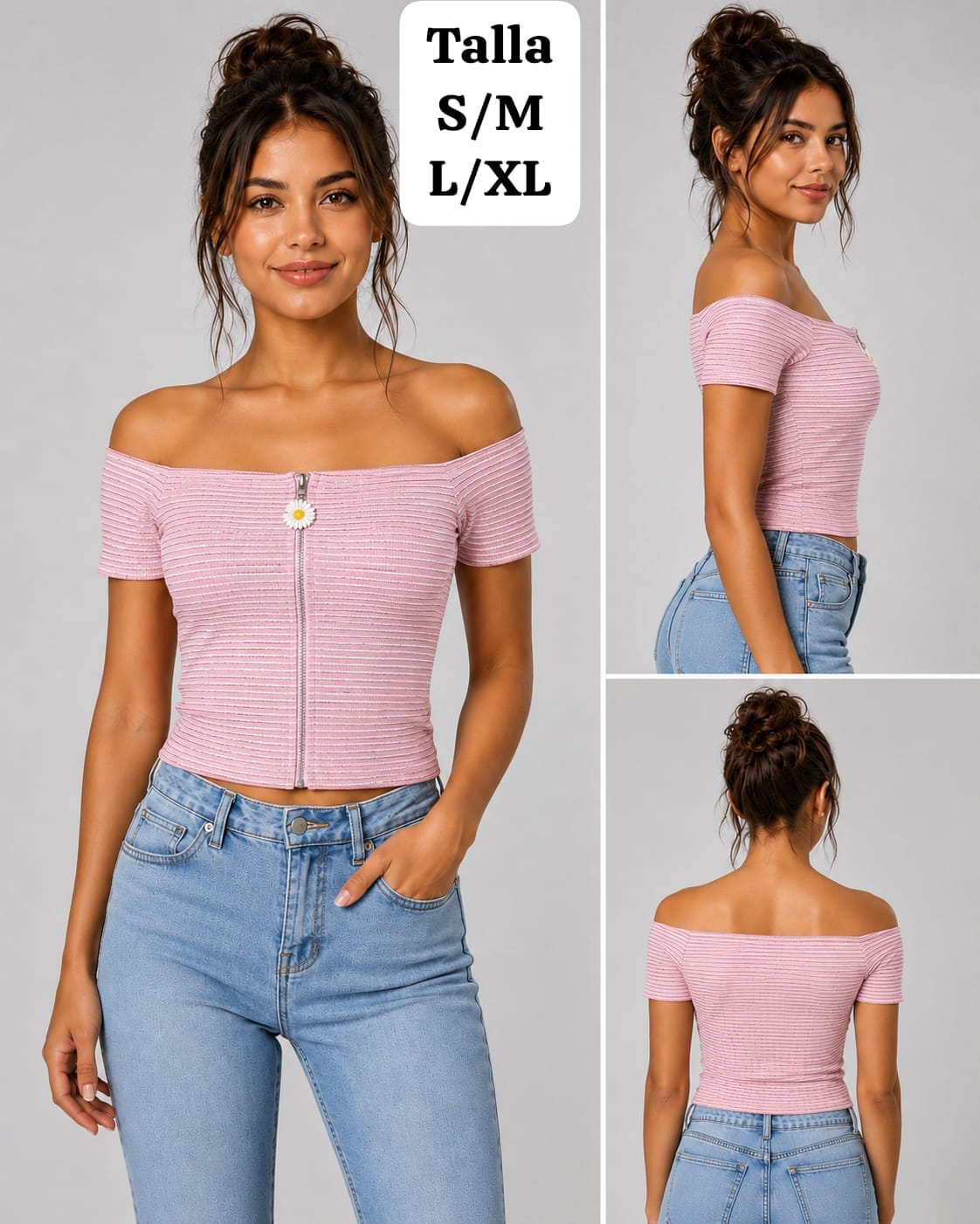 BLUSA ROSA RAYADA CON ZIPER Y FLOR DE MUJER