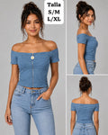 BLUSA AZUL RAYADA CON ZIPER Y FLOR DE MUJER
