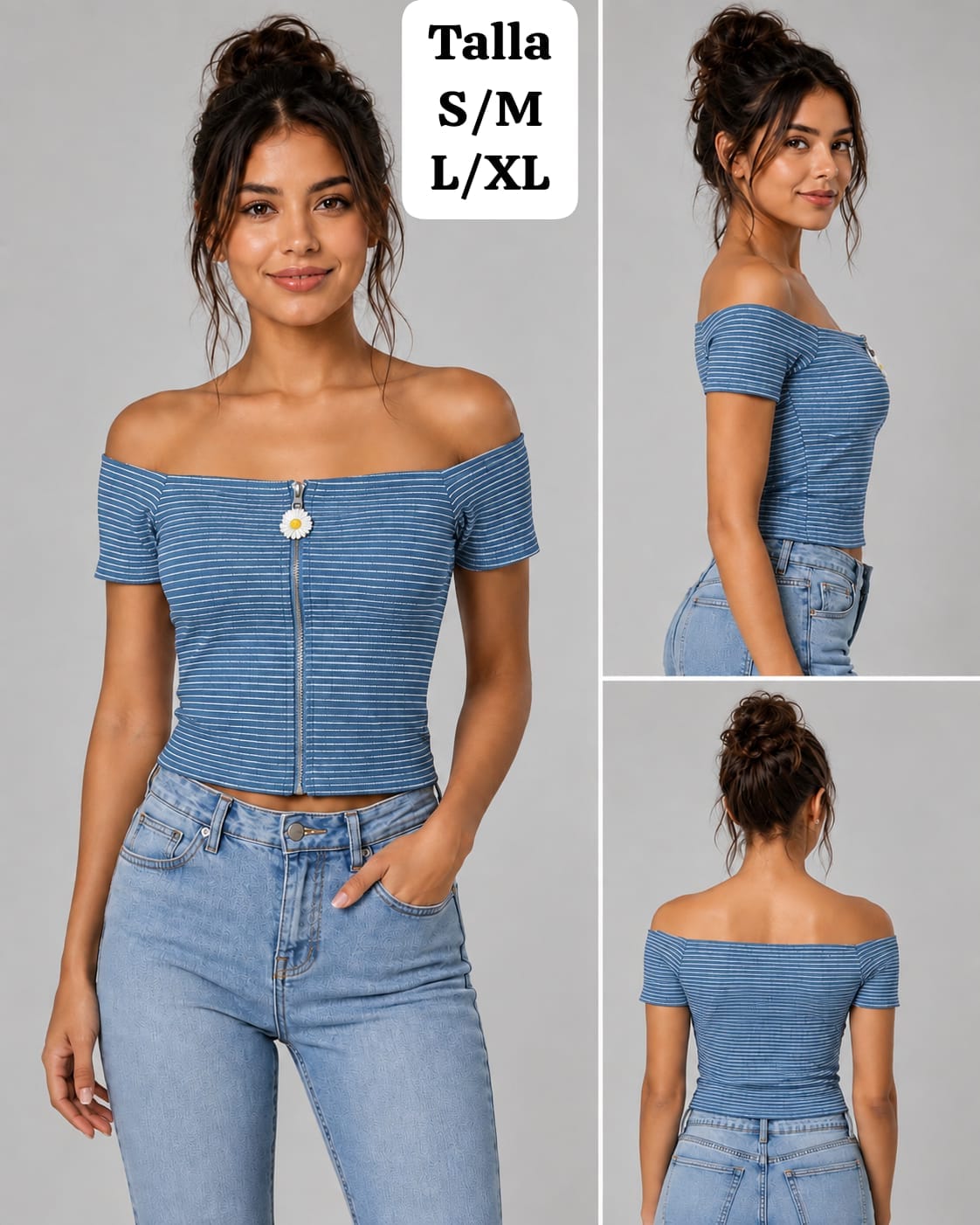 BLUSA AZUL RAYADA CON ZIPER Y FLOR DE MUJER