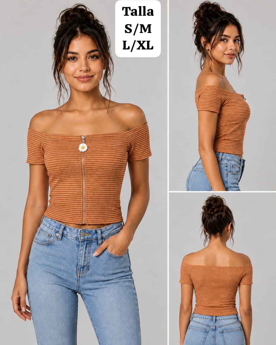 BLUSA CAFE CLARO RAYADA CON ZIPER Y FLOR DE MUJER