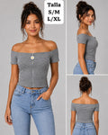 BLUSA GRIS RAYADA CON ZIPER Y FLOR DE MUJER