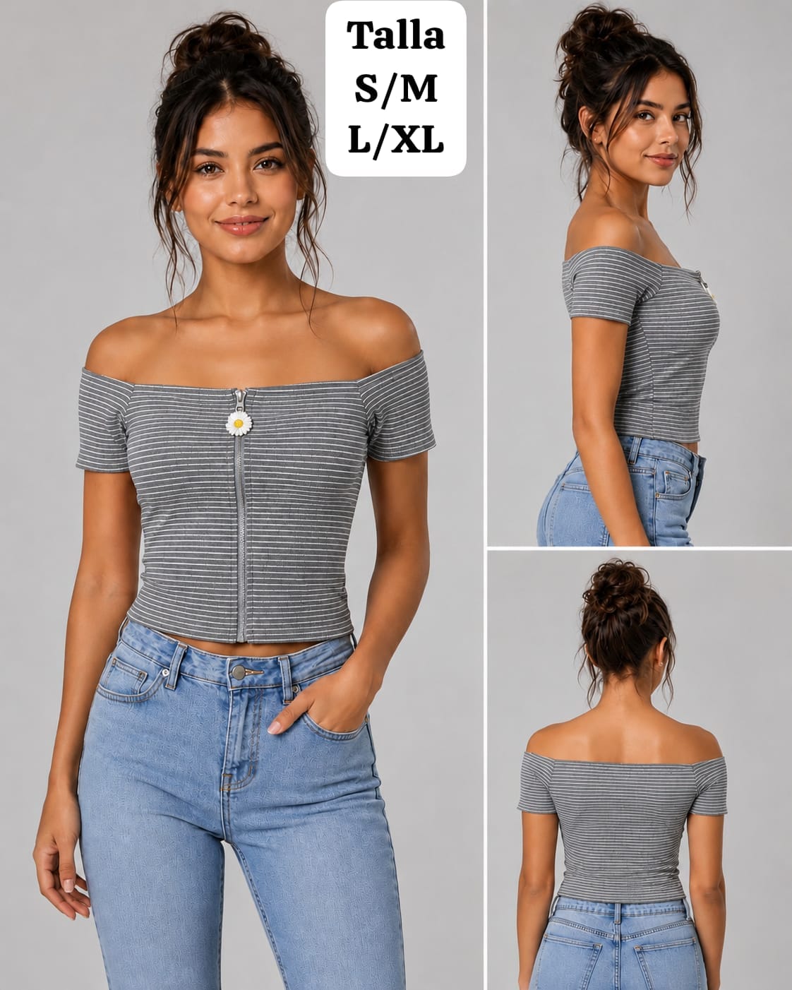 BLUSA GRIS RAYADA CON ZIPER Y FLOR DE MUJER