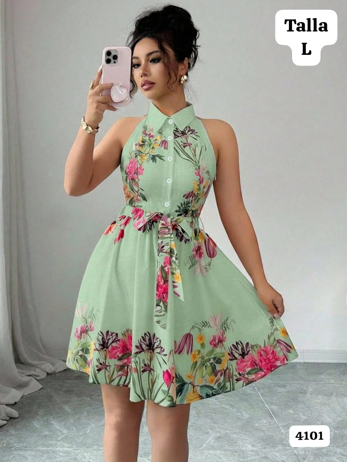 VESTIDO VERDE CORTO CON BOTONES Y SIN MANGAS DE MUJER