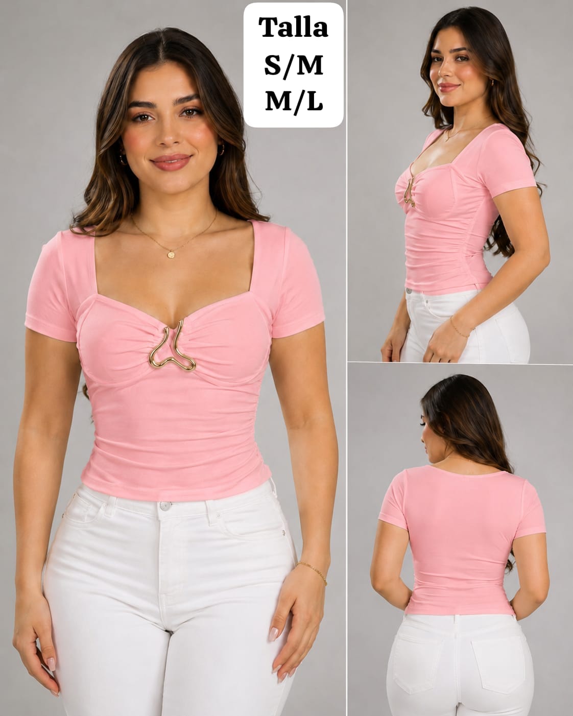 BLUSA ROSA ESCOTE CUADRADO Y DIJEN METALICO DE MUJER