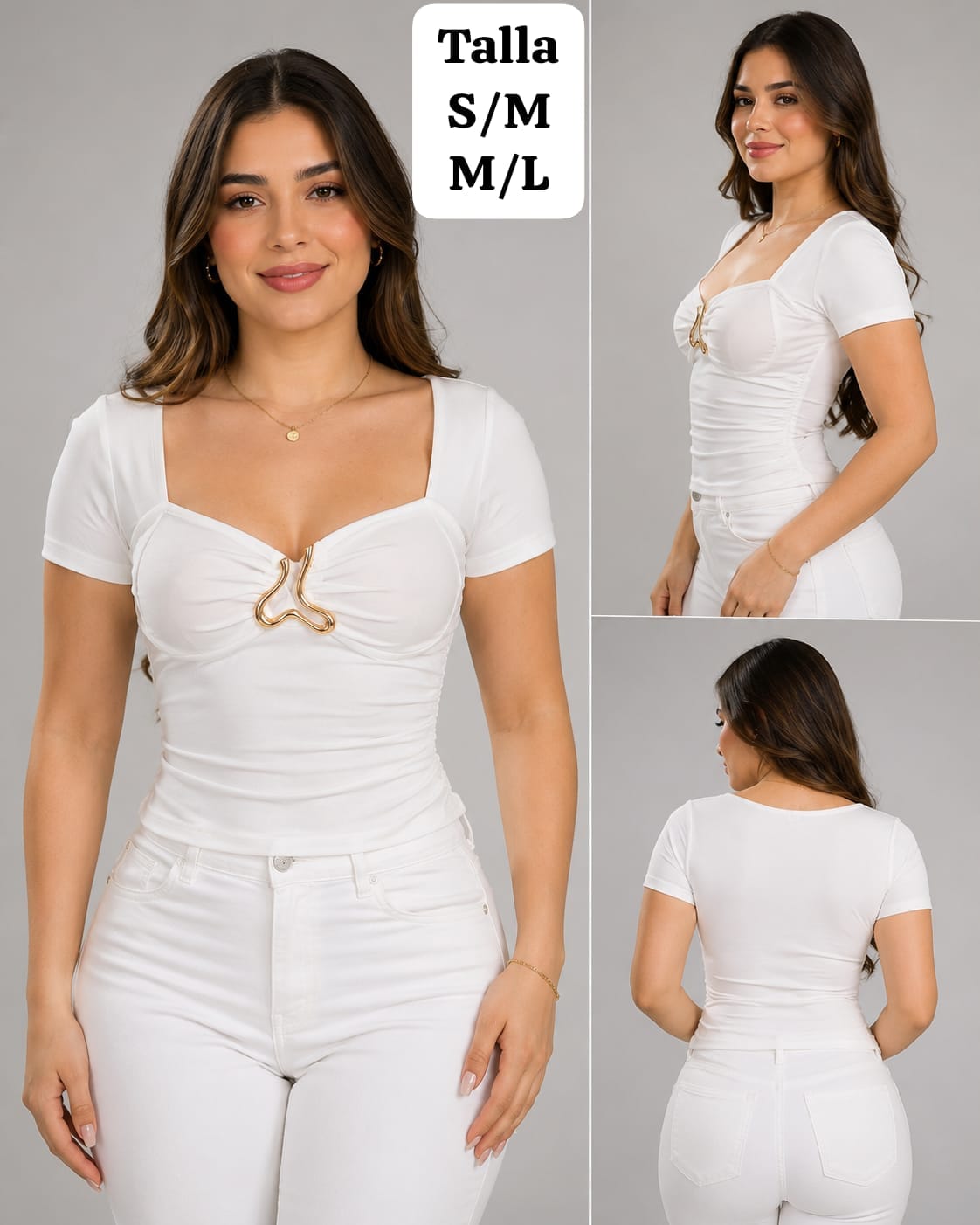 BLUSA BLANCA ESCOTE CUADRADO Y DIJEN METALICO DE MUJER