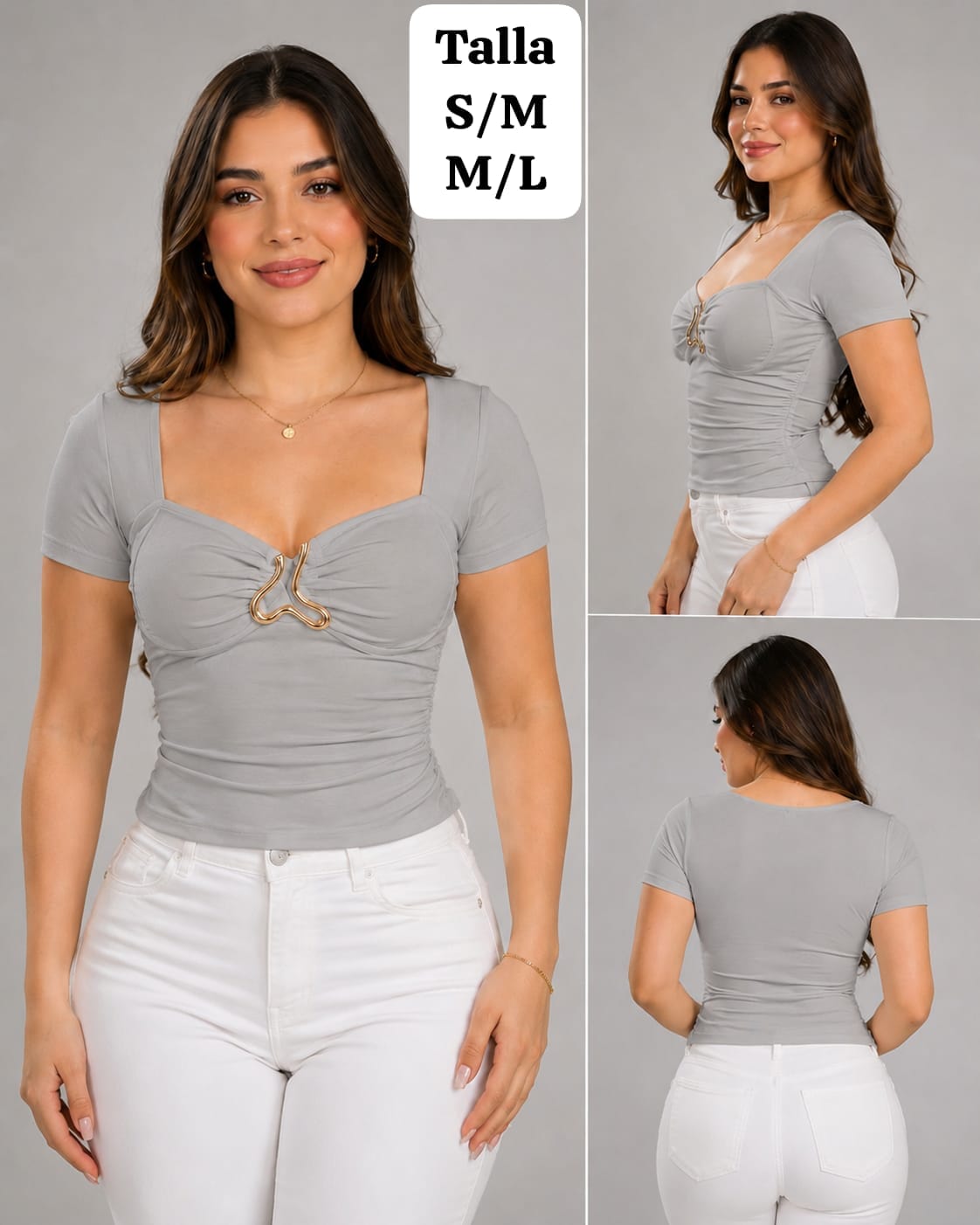 BLUSA GRIS ESCOTE CUADRADO Y DIJEN METALICO DE MUJER