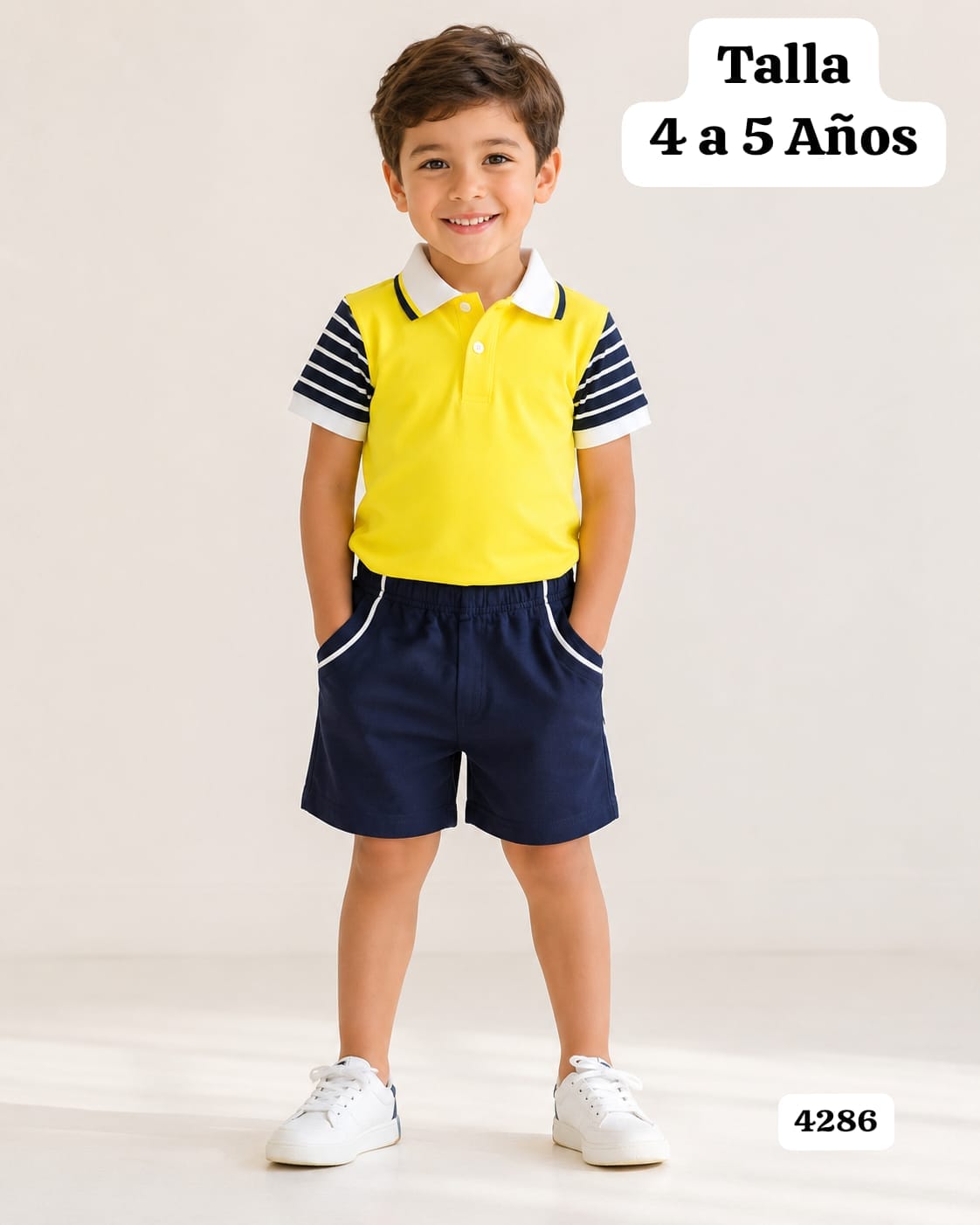 CONJUNTO DE CAMISA AMARILLA Y SHORT AZUL DE NIÑO