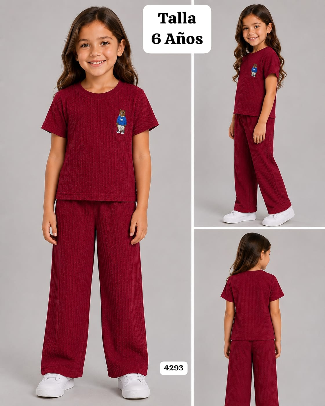 CONJUNTO ROJO VINO DE PANTALONETA Y CAMISA CON OSO DE NIÑA