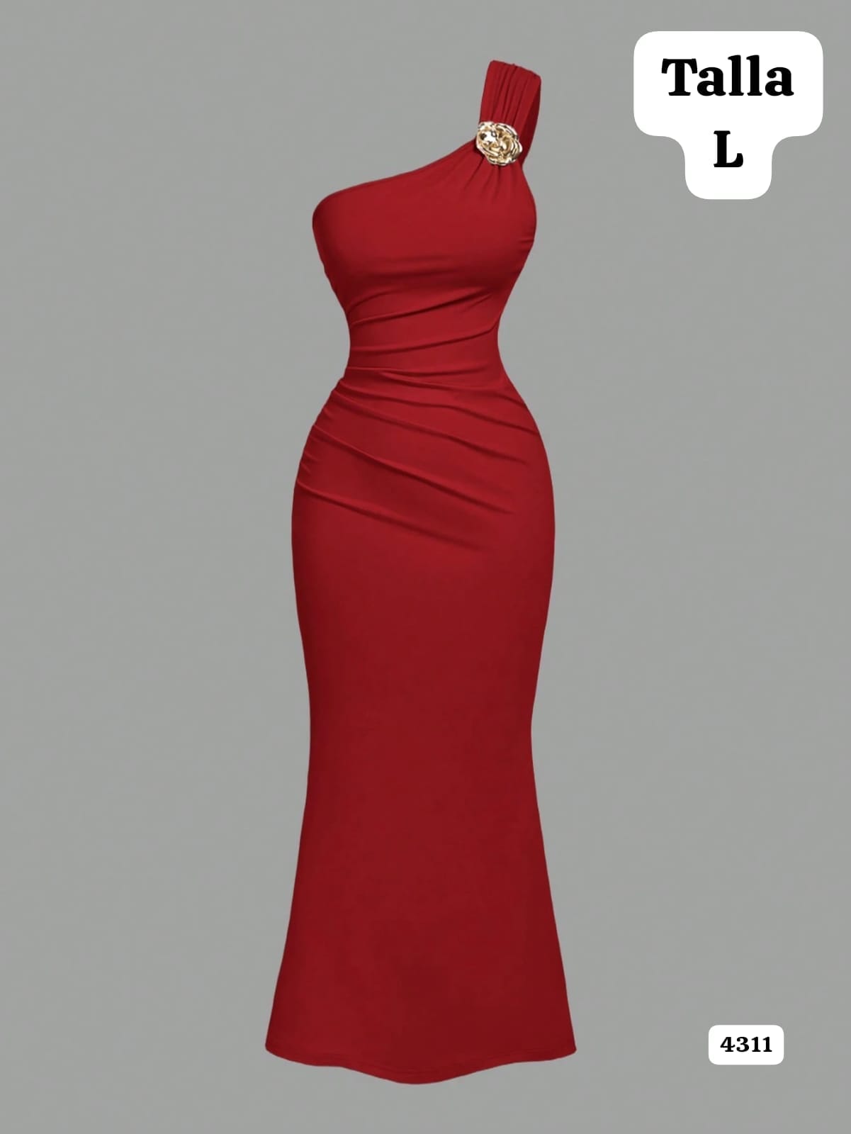 VESTIDO LARGO ROJO DE UN TIRANTE CON FLOR METALICA DE MUJER