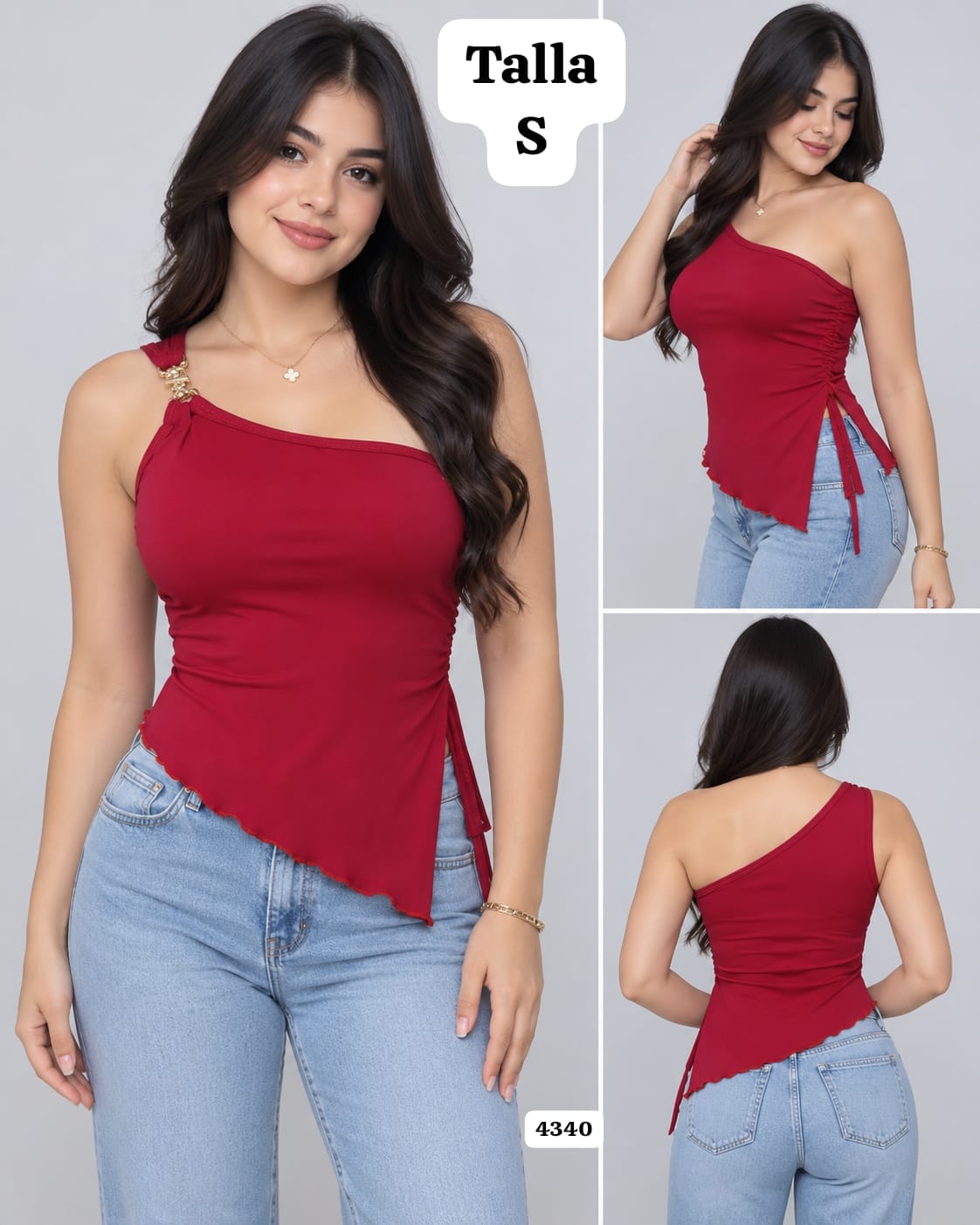 BLUSA ROJA ASIMETRICA CON BROCHE DORADO DE MUJER