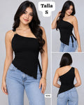 BLUSA NEGRA ASIMETRICA CON BROCHE DORADO DE MUJER