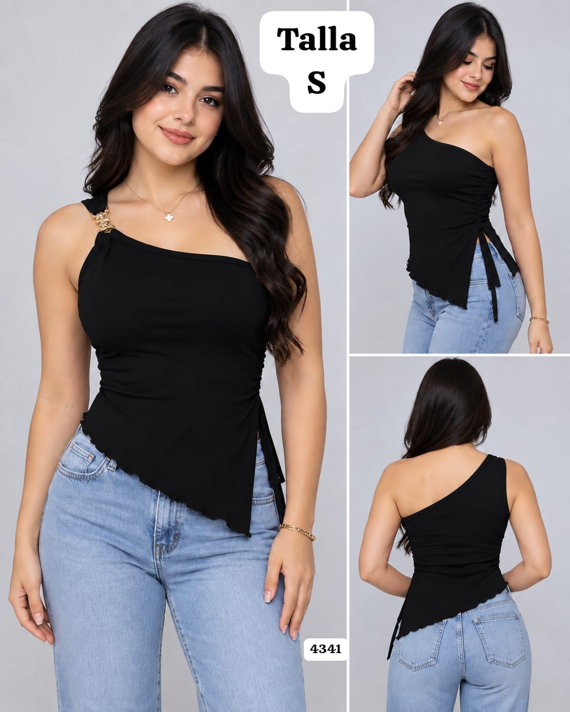BLUSA NEGRA ASIMETRICA CON BROCHE DORADO DE MUJER