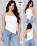 BLUSA BLANCA ASIMETRICA CON BROCHE DORADO DE MUJER