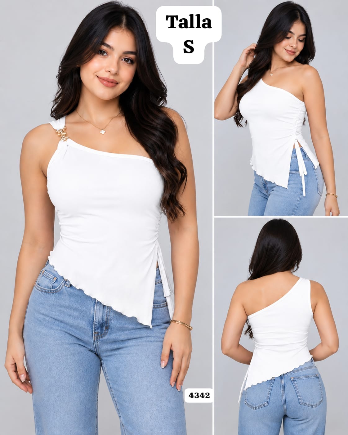 BLUSA BLANCA ASIMETRICA CON BROCHE DORADO DE MUJER