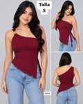 BLUSA ROJA VINO ASIMETRICA CON BROCHE DORADO DE MUJER