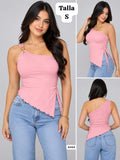 BLUSA ROSA ASIMETRICA CON BROCHE DORADO DE MUJER