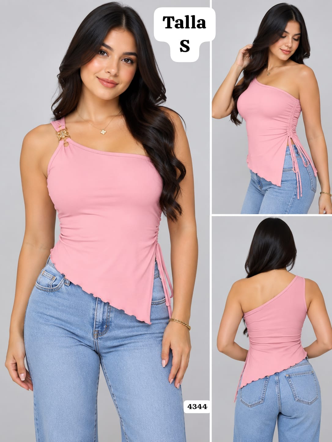 BLUSA ROSA ASIMETRICA CON BROCHE DORADO DE MUJER