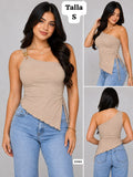 BLUSA CAFÉ CLARO ASIMETRICA CON BROCHE DORADO DE MUJER