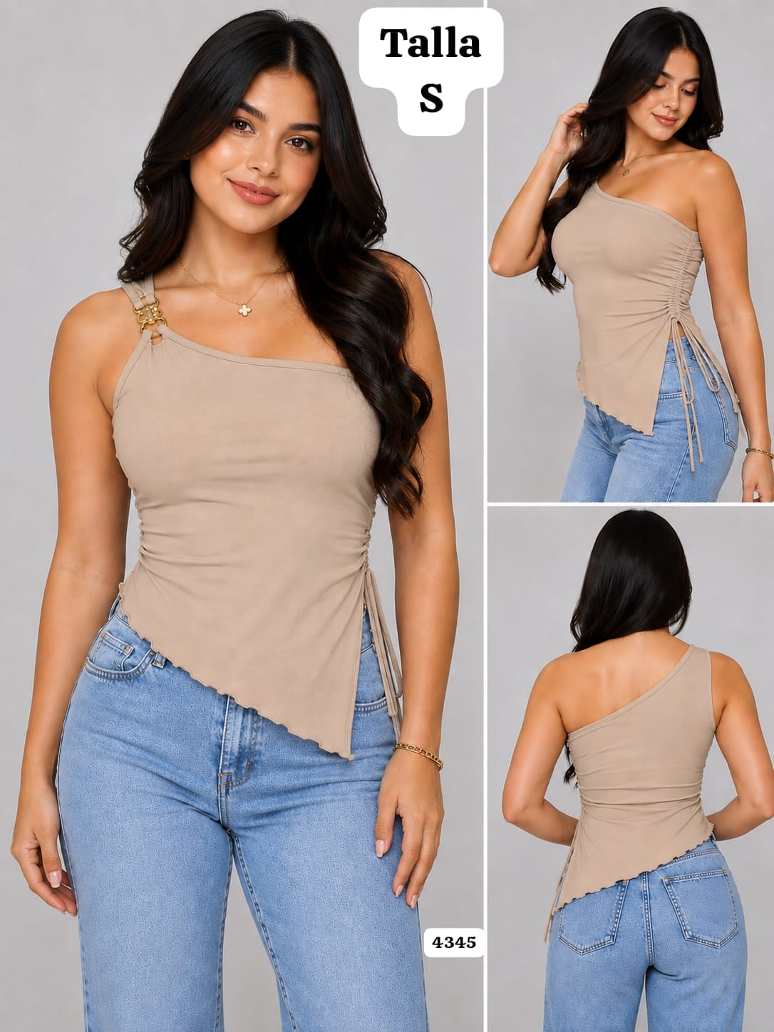 BLUSA CAFÉ CLARO ASIMETRICA CON BROCHE DORADO DE MUJER