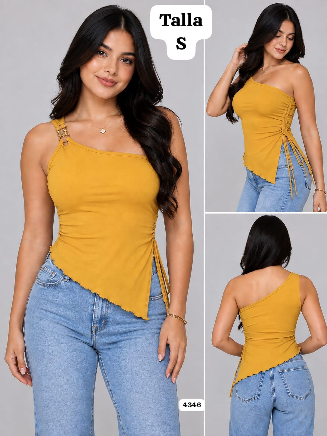 BLUSA MOSTAZA ASIMETRICA CON BROCHE DORADO DE MUJER