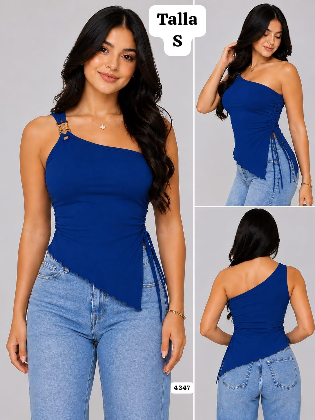 BLUSA AZUL ASIMETRICA CON BROCHE DORADO DE MUJER