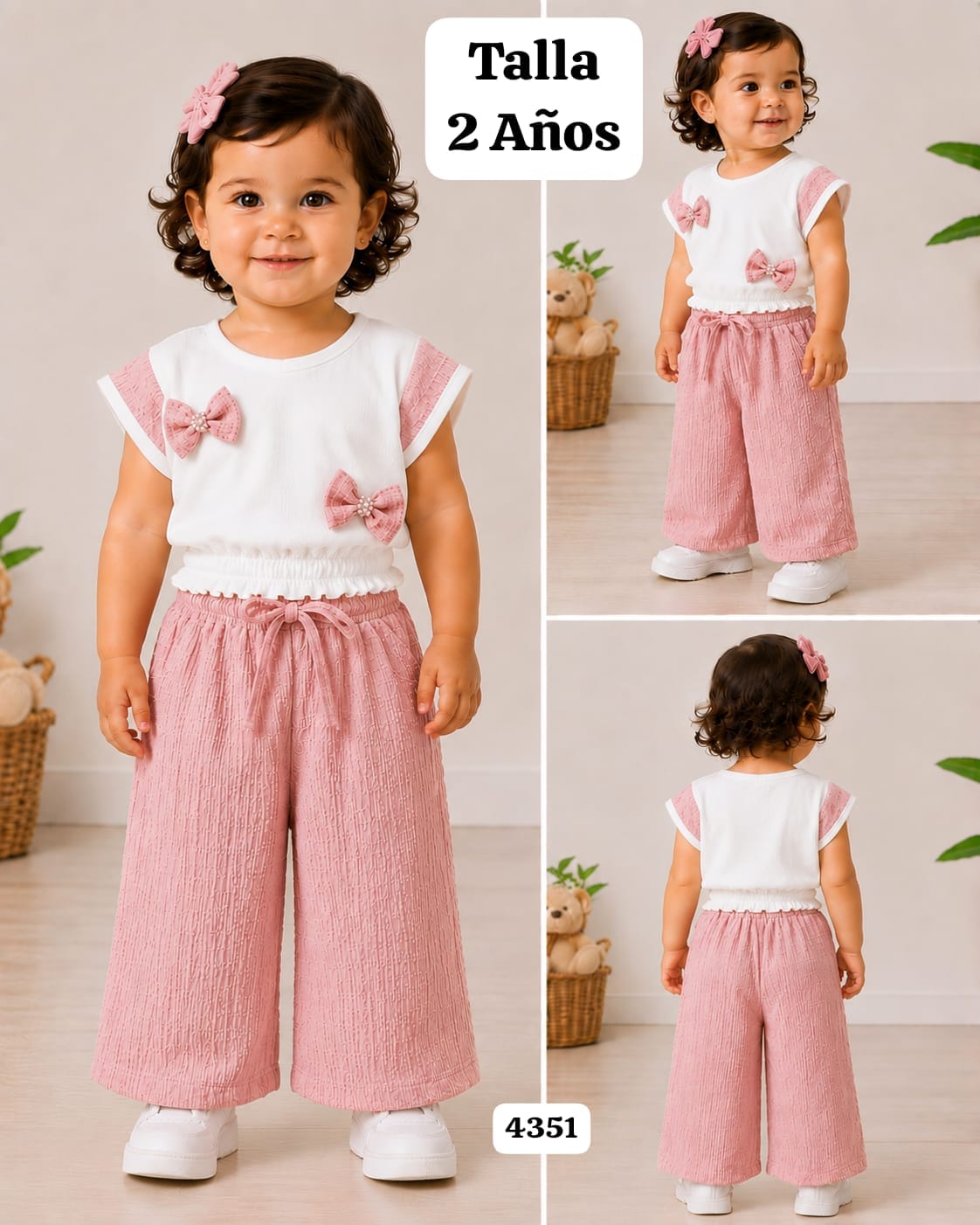 CONJUNTO ROSADO VIEJA DE BLUSA CON CHONGOS Y PANTALONETA DE NIÑA
