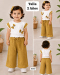 CONJUNTO MOSTAZA DE BLUSA CON CHONGOS Y PANTALONETA DE NIÑA