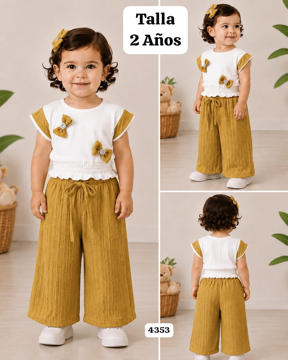 CONJUNTO MOSTAZA DE BLUSA CON CHONGOS Y PANTALONETA DE NIÑA