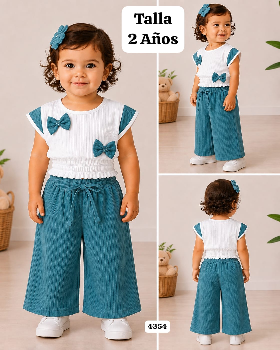 CONJUNTO AZULADO DE BLUSA CON CHONGOS Y PANTALONETA DE NIÑA