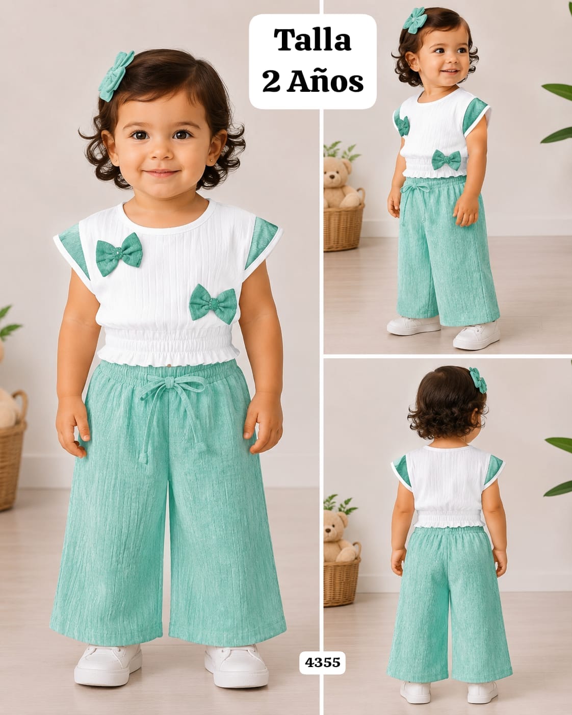 CONJUNTO VERDE MENTA DE BLUSA CON CHONGOS Y PANTALONETA DE NIÑA
