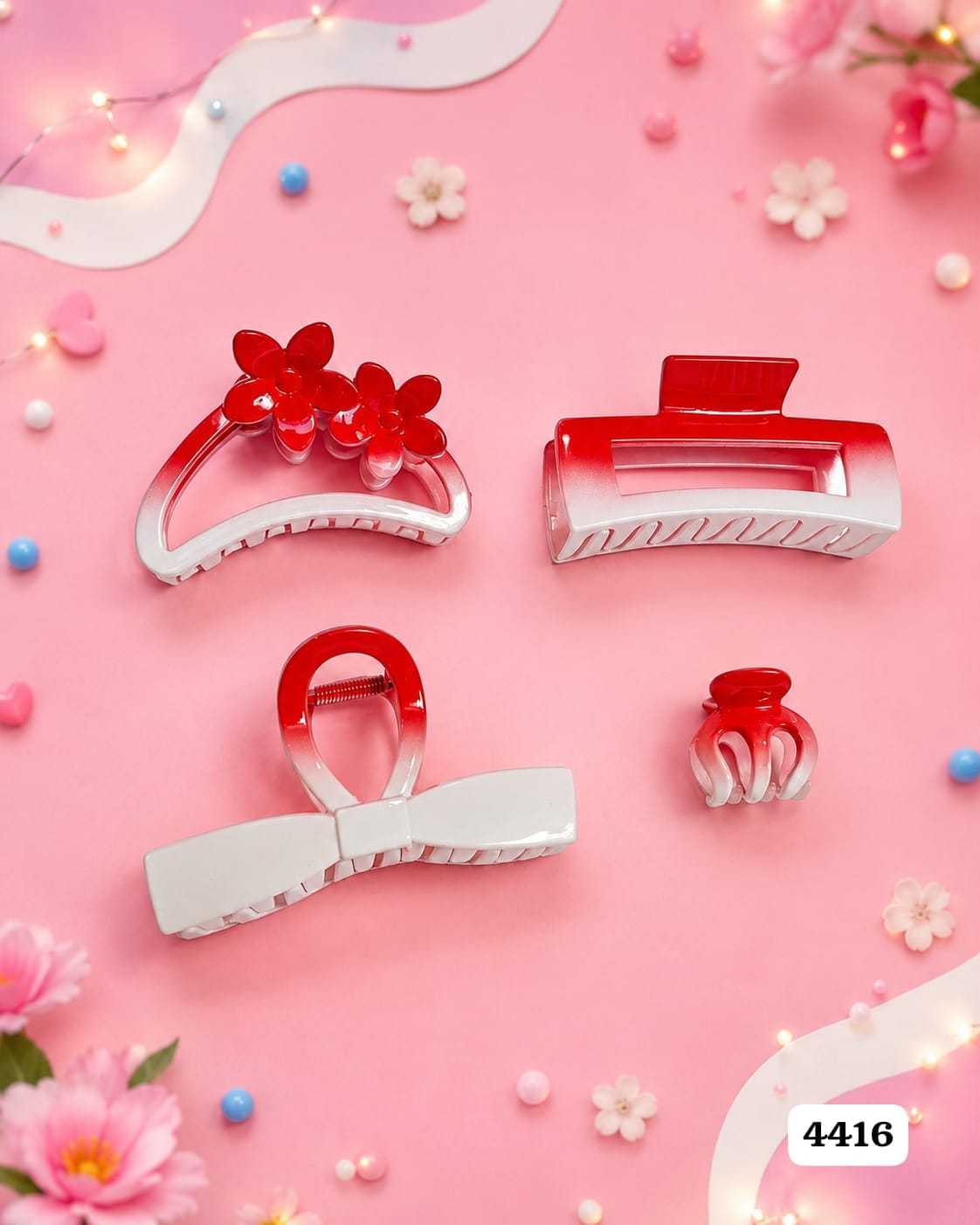 SET DE 4 GANCHOS ROJOS Y BLANCOS DE PELO